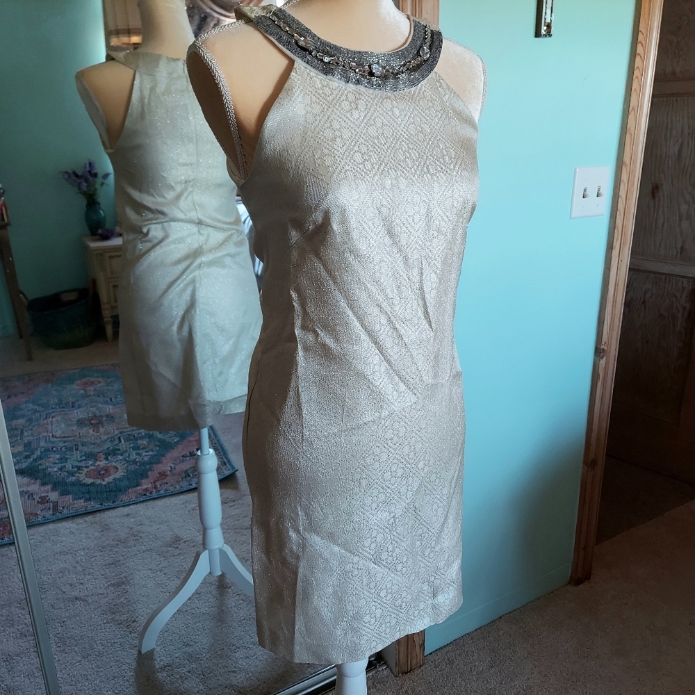 Vintage 60s Style Ivory Metallic Dress - Picture 3 of 11
